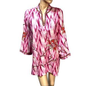 Soft Surroundings Altea Top Pink White Ikat Embroidered Beaded Tunic XL 18 NWT